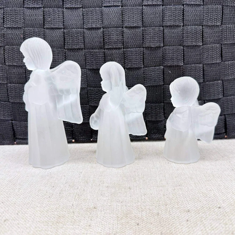Vintage Frosted Glass Angel Figurine Set of 3 Musical Taper Candle Holders White